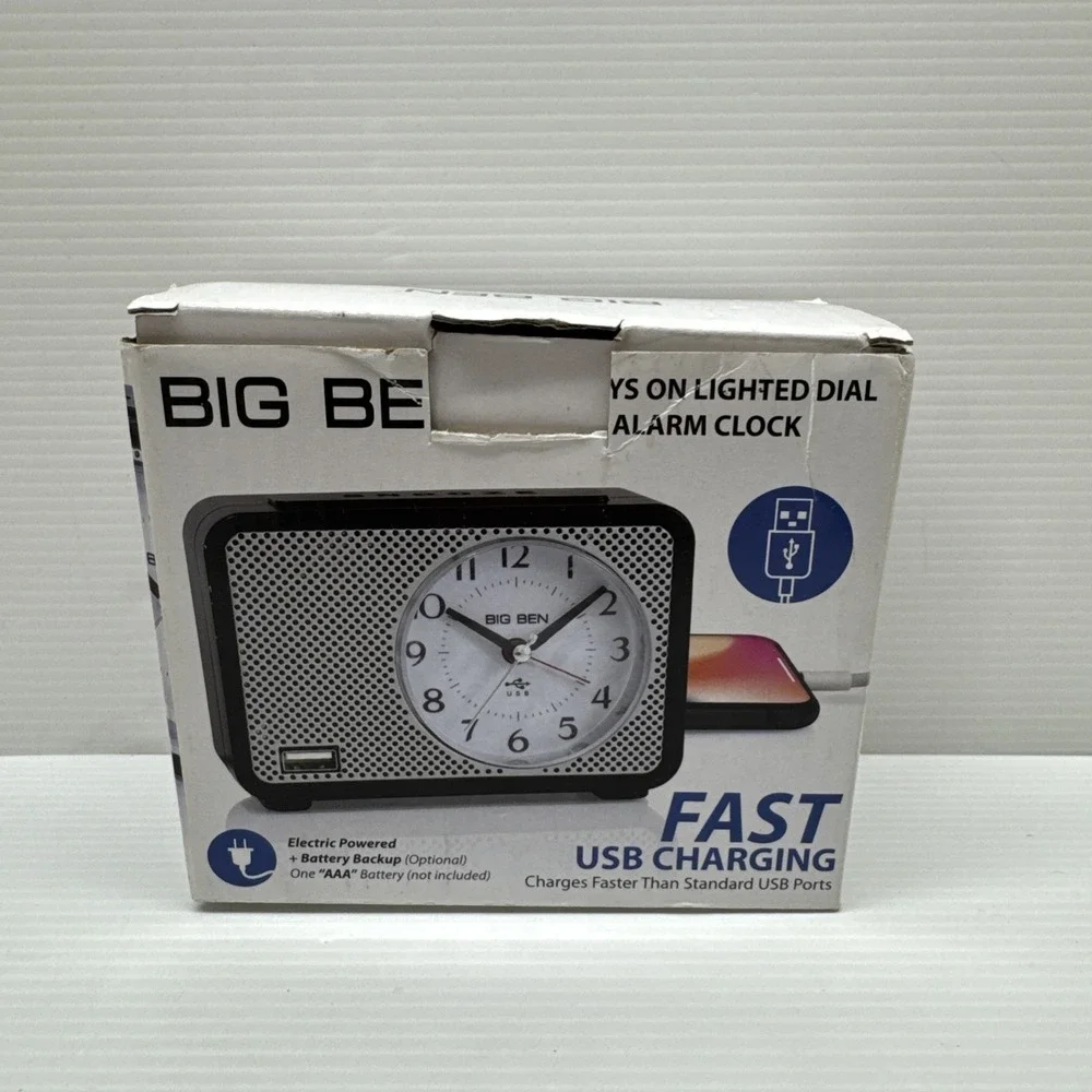 Big Ben Always On Lighted Alarm Clock with fast charging USB.